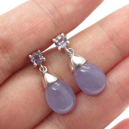 HAN 925 Sterling Silver Vintage Real Lavender Jade & Amethyst Gemstone Earrings