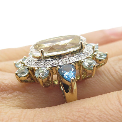 925 Sterling Gold Plated Diamond Accent London Blue & White Topaz Ring Size 7.25