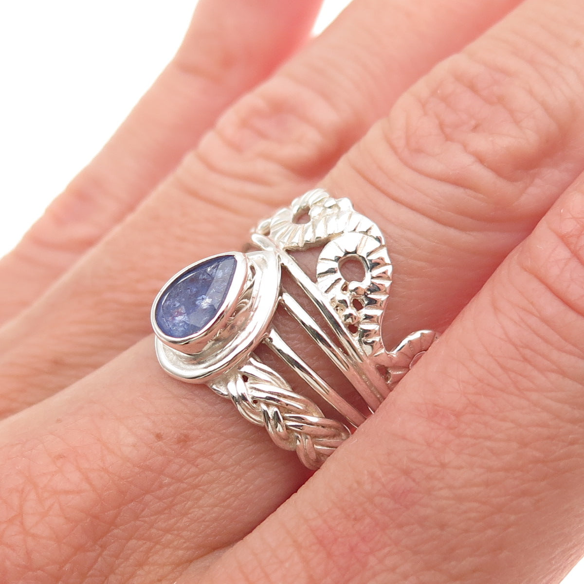 925 Sterling Silver Real Pear-Cut Tanzanite Oxidized Ring Size 8.5