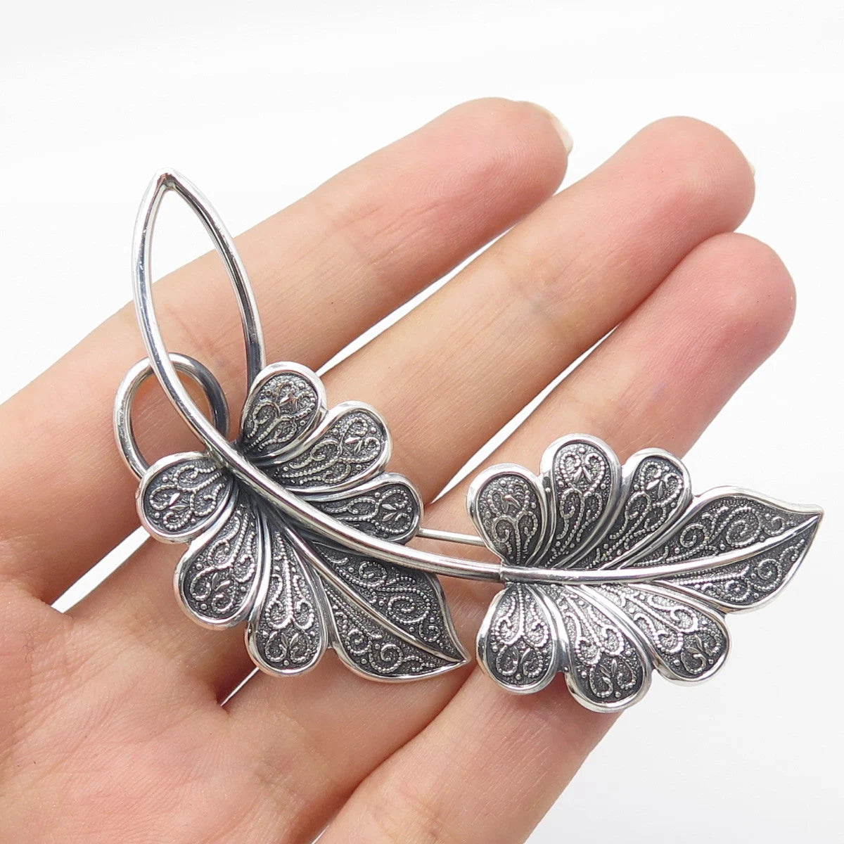 925 Sterling Silver Vintage Beau Double Leaf Large Pin Brooch