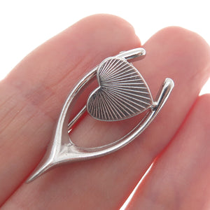 HARRY S. BICK 925 Sterling Silver Antique Art Deco Wishbone & Heart Pin Brooch
