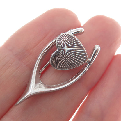 HARRY S. BICK 925 Sterling Silver Antique Art Deco Wishbone & Heart Pin Brooch
