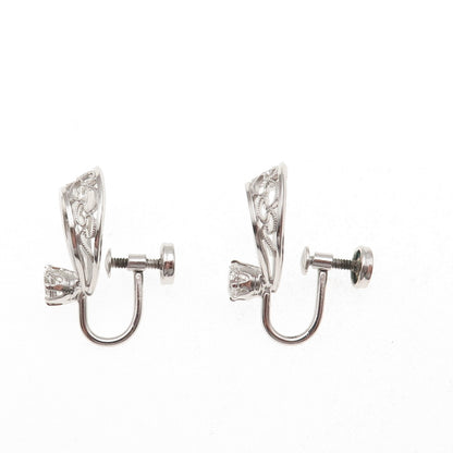 Amco 925 Sterling Silver Vintage Rhinestone Filigree Screw Back Earrings