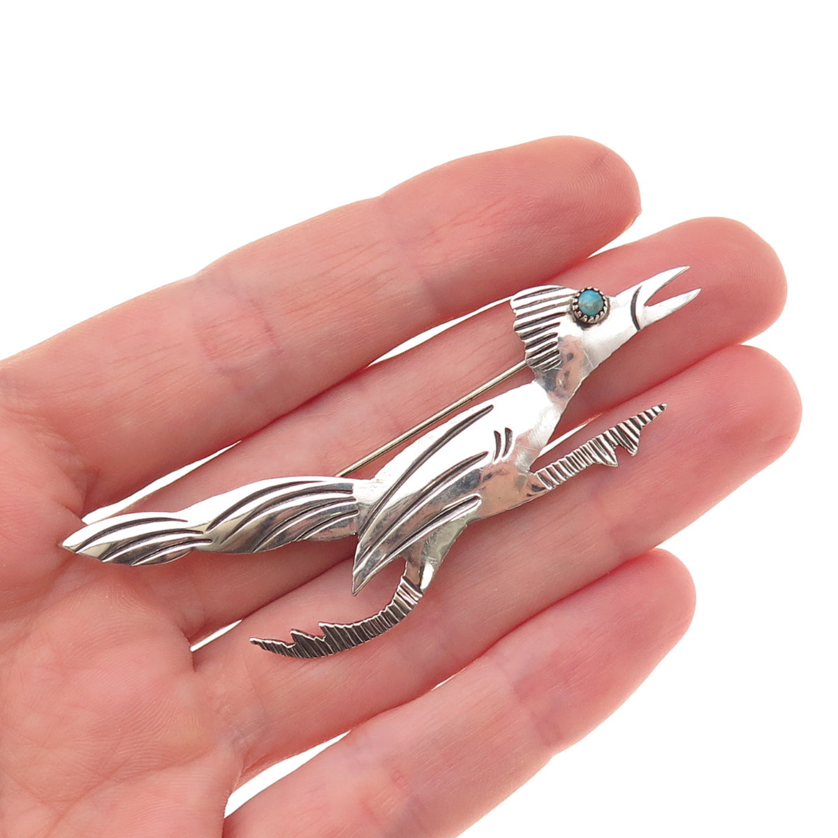 Old Pawn Sterling Silver Vintage Southwestern Turquoise Roadrunner Pin Brooch