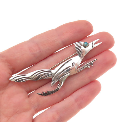 Old Pawn Sterling Silver Vintage Southwestern Turquoise Roadrunner Pin Brooch
