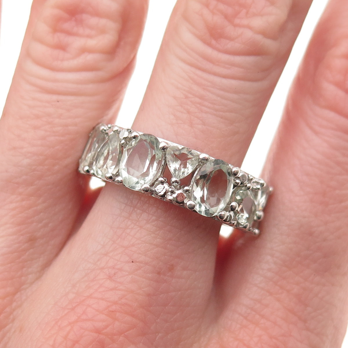 925 Sterling Silver Real Multi-Cut Green Amethyst Cluster Band Ring Size 8.25