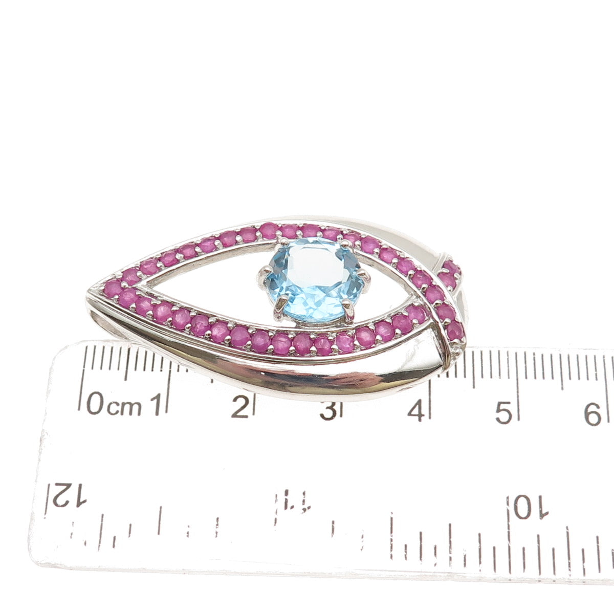 SX Sally C 925 Sterling Silver Real Blue Topaz & Ruby Teardrop Slide Pendant