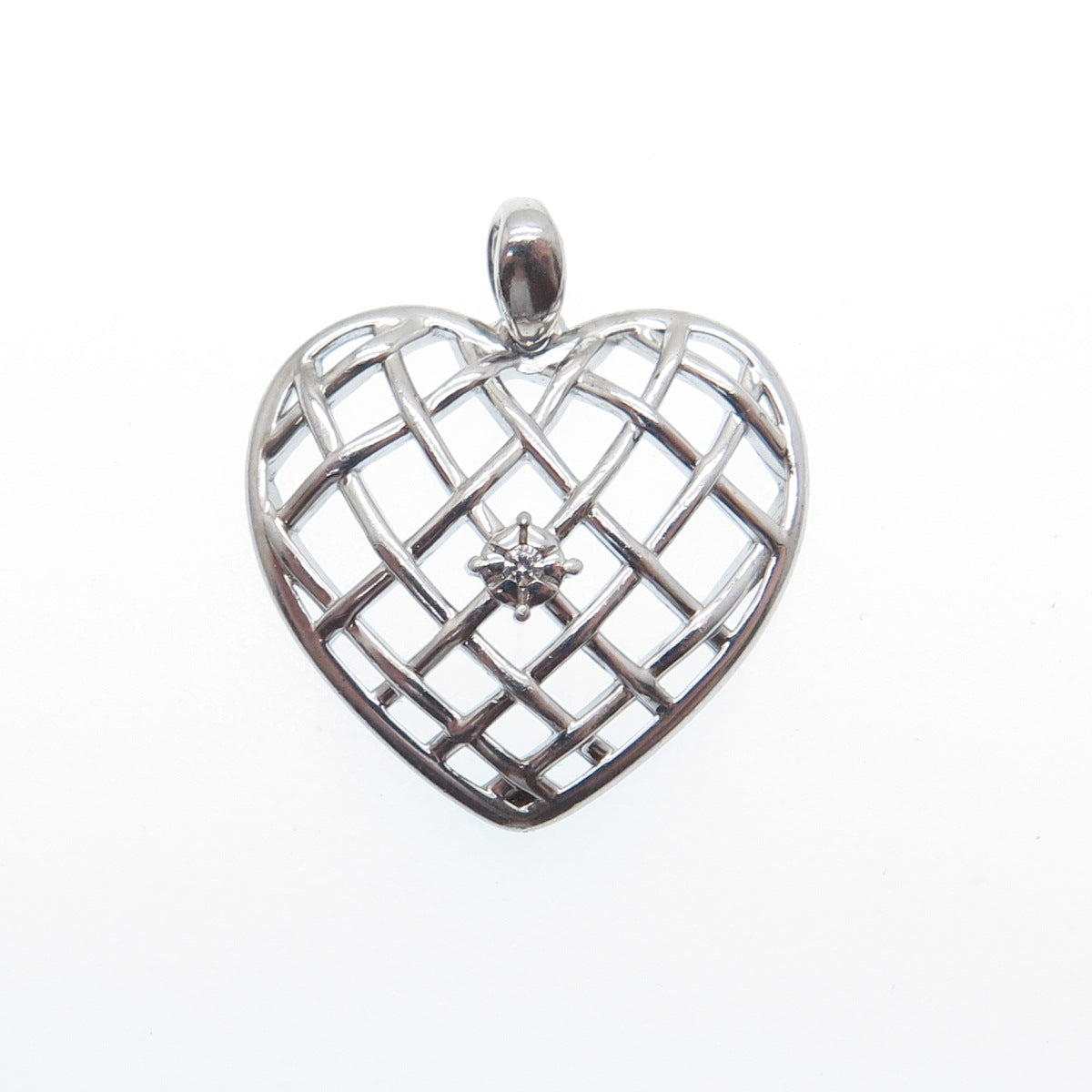 925 Sterling Silver Round-Cut C Z Woven Heart Minimalist Charm Pendant