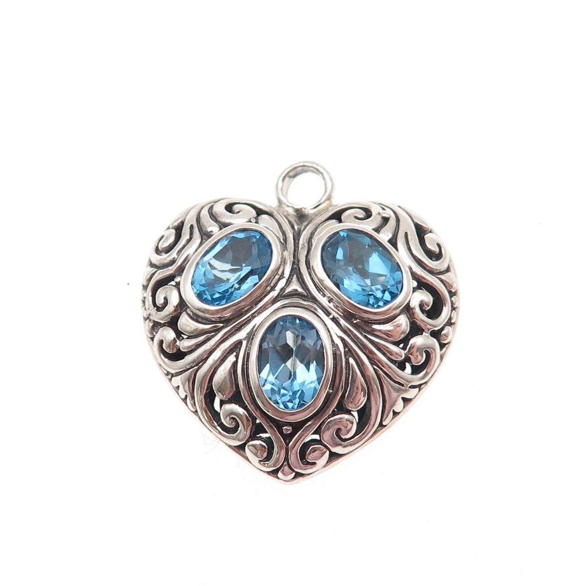 925 Sterling Silver Vintage Real Oval-Cut Blue Topaz Heart Swirl Charm Pendant