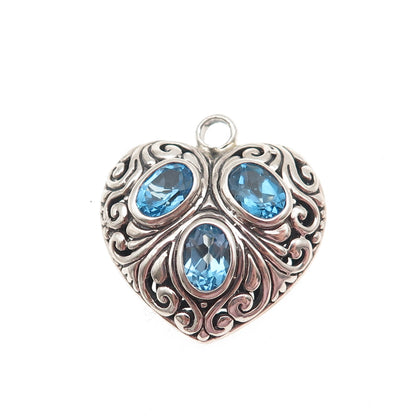 925 Sterling Silver Vintage Real Oval-Cut Blue Topaz Heart Swirl Charm Pendant