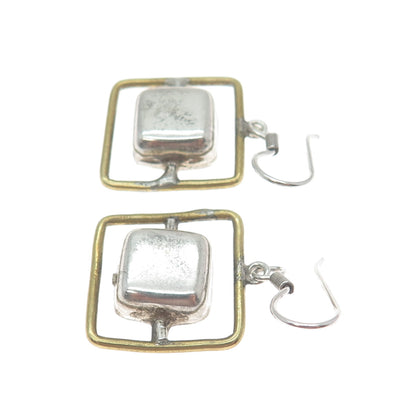 925 Sterling Silver 2-Tone Vintage Mexico Modernist Square Dangle Earrings