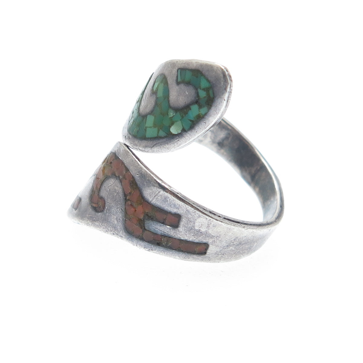 NELSON PIASO Old Pawn Sterling Turquoise & Coral Inlay Adjustable Ring Size 7