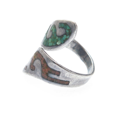 NELSON PIASO Old Pawn Sterling Turquoise & Coral Inlay Adjustable Ring Size 7