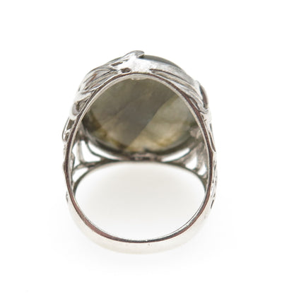 925 Sterling Silver Real Cabochon Labradorite Floral Ring Size 9.25
