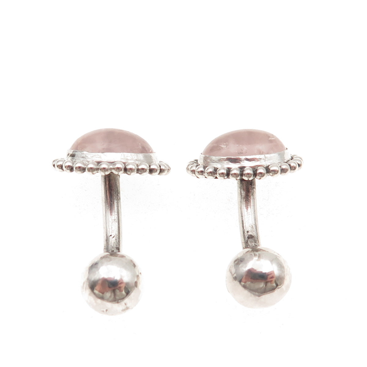 925 Sterling Silver Vintage Real Rose Quartz Beaded Oxidized Cufflinks