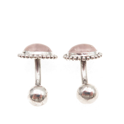 925 Sterling Silver Vintage Real Rose Quartz Beaded Oxidized Cufflinks