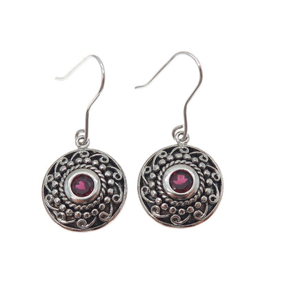 925 Sterling Silver Vintage Real Round-Cut Tourmaline Oxidized Dangle Earrings