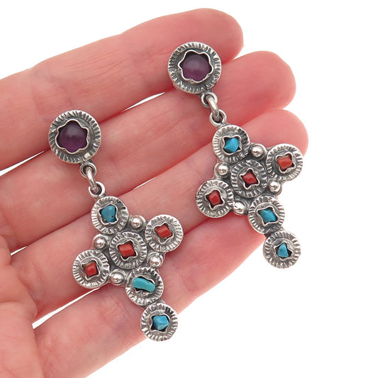 925 Sterling Silver Vintage Mexico Real Turquoise Coral Amethyst Cross Earrings