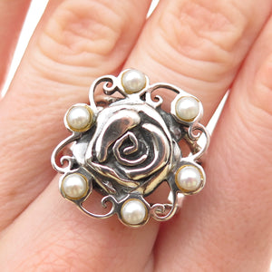 Golan Goldex 925 Sterling Silver Vintage Real Pearl Modernist Rose Ring Size 7.5