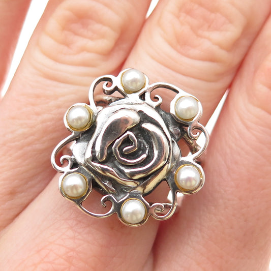 Golan Goldex 925 Sterling Silver Vintage Real Pearl Modernist Rose Ring Size 7.5