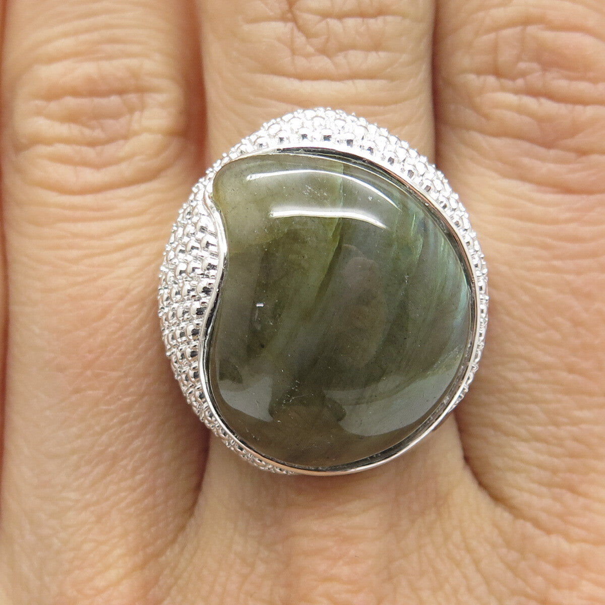 DSMK 925 Sterling Silver Real Labradorite Granulated Ring Size 7.25