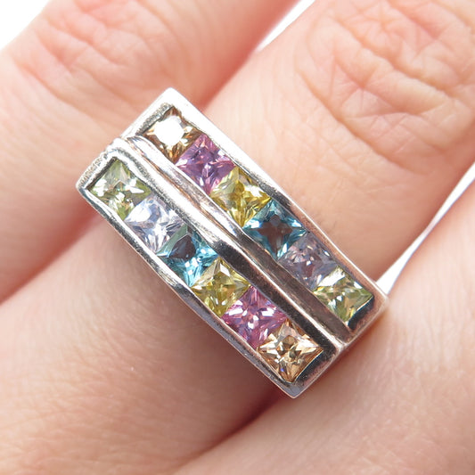 925 Sterling Silver Vintage Princess-Cut Multi-Color C Z Ring Size 6.5