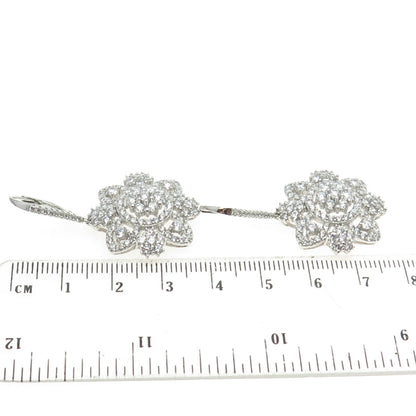 925 Sterling Silver Pave C Z Floral Dangling Earrings