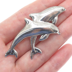 925 Sterling Silver Vintage Mexico Dolphin Couple Oxidized Pin Brooch