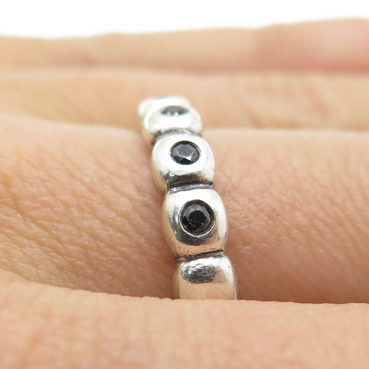 PANDORA 925 Sterling Silver Real Black Spinel Ring Size 7.25