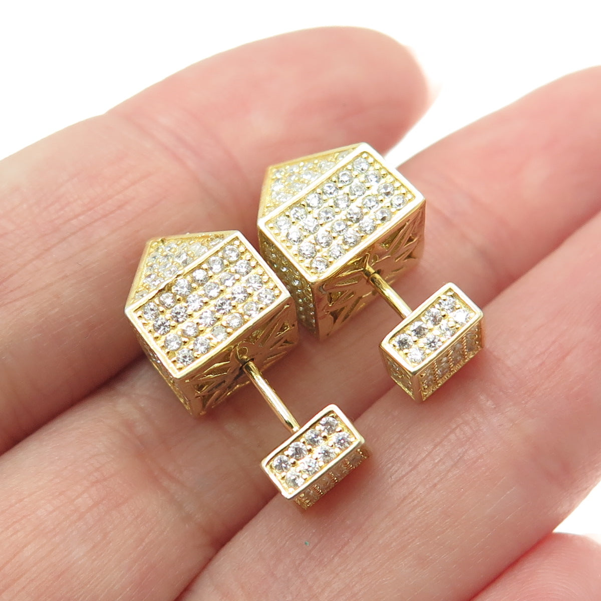 925 Sterling Silver Gold Plated Round-Cut C Z Pyramid Earrings