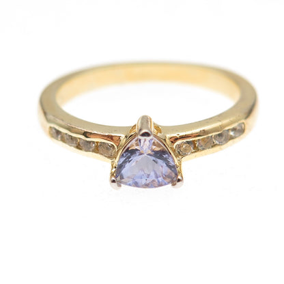 925 Sterling Silver Gold Plated Real Tanzanite & White Topaz Ring Size 7.25