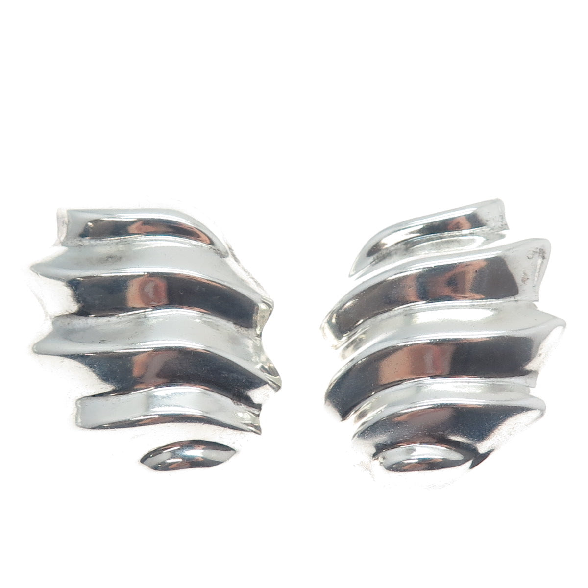 925 Sterling Silver Vintage Mexico Modernist Wavy Clip On Earrings