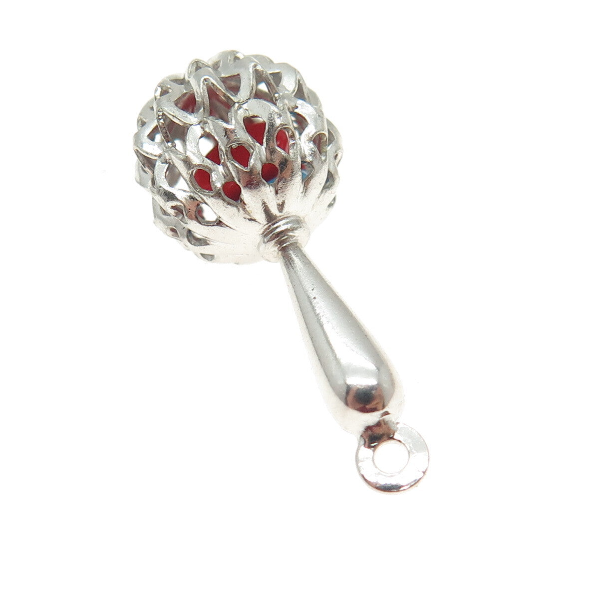 925 Sterling Silver Antique Art Deco Red & Blue Glass Baby Rattle Pendant