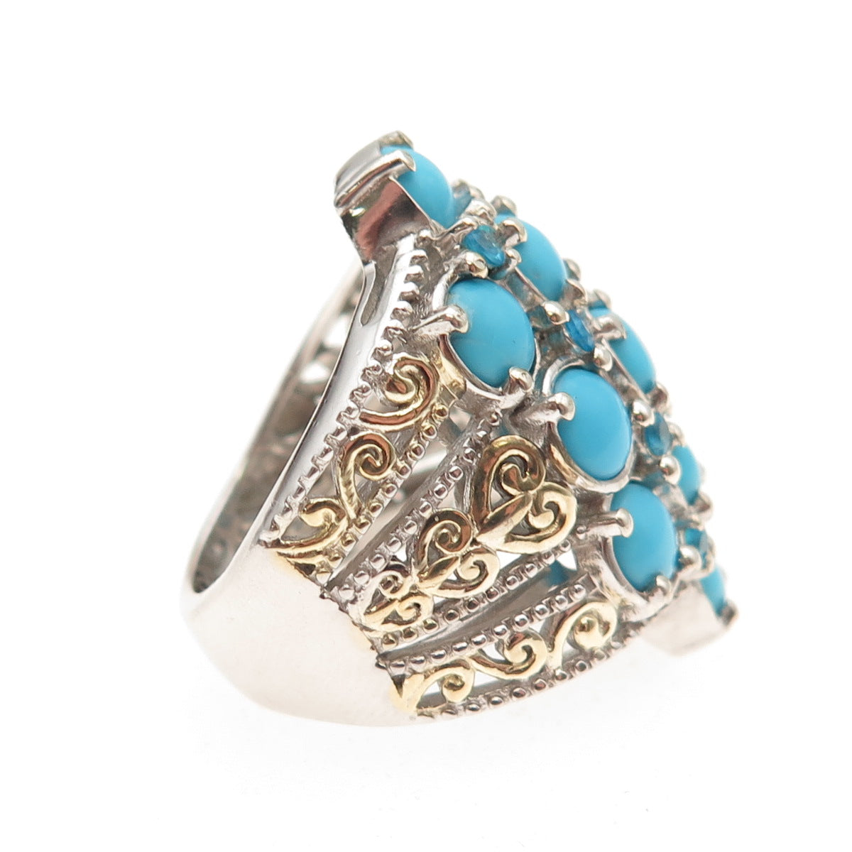 Chuck Clemency 925 Sterling Silver 2-Tone Real Turquoise Apatite Ring Size 5.25