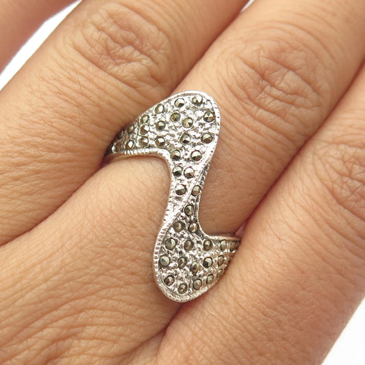 925 Sterling Silver Vintage Real Marcasite Gemstone Zig-Zag Ring Size 7.5