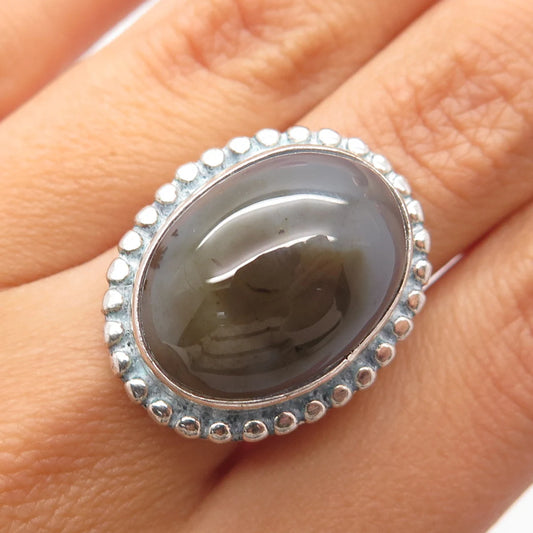 925 Sterling Silver Vintage Real Agate Gem Beaded Oval Ring Size 8.25