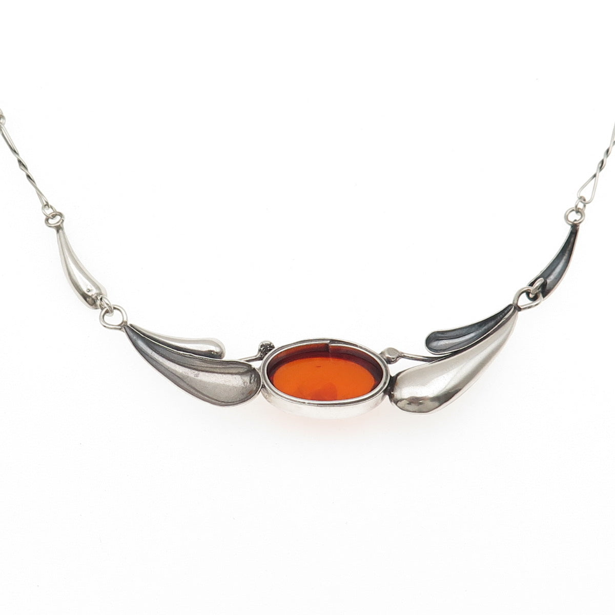 925 Sterling Vintage SD Poland Real Amber Modernist Floral Necklace 16-18"