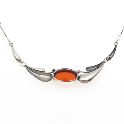 925 Sterling Vintage SD Poland Real Amber Modernist Floral Necklace 16-18"