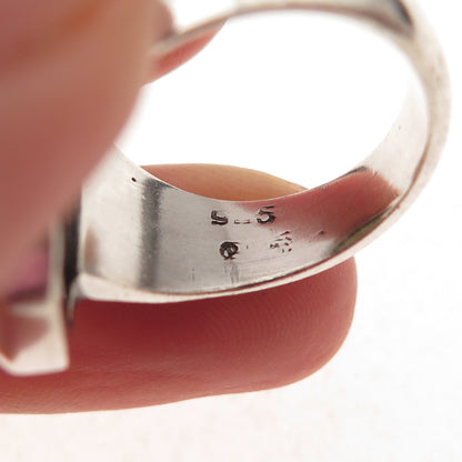 925 Sterling Silver Vintage Real Agate Modernist Statement Ring Size 7.75