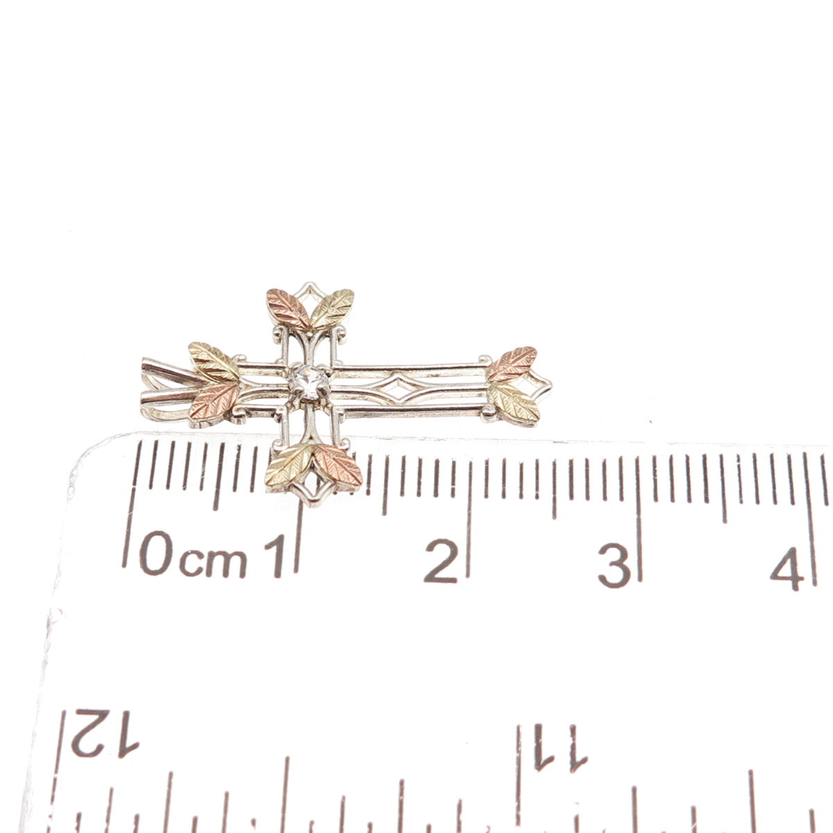 COLEMAN Sterling Silver 12K Rose & Yellow Gold Vintage C Z Floral Cross Pendant
