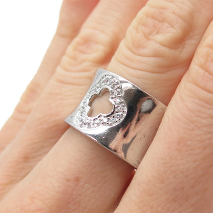 925 Sterling Silver Vintage Round-Cut C Z Flower Wide Ring Size 7.25