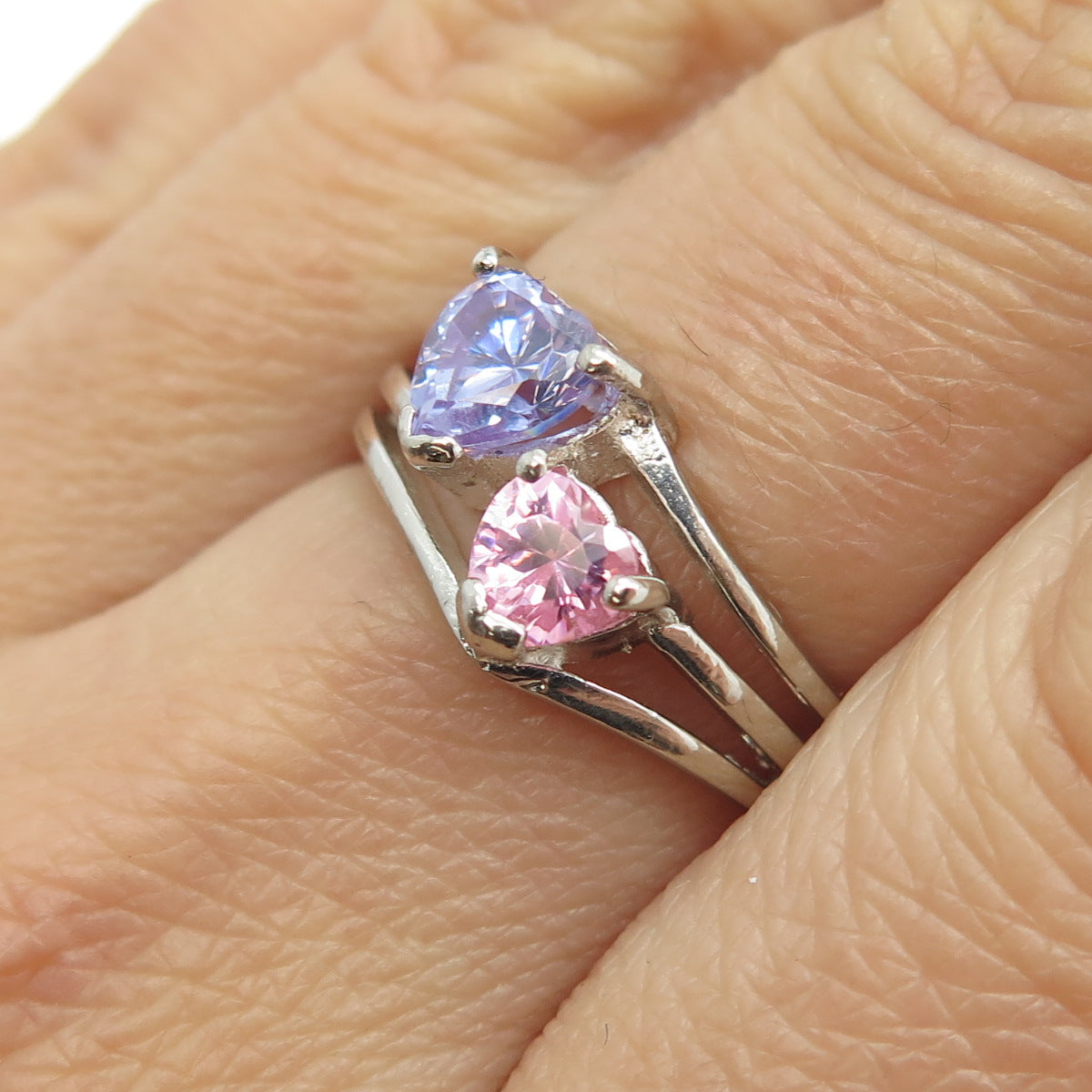 925 Sterling Silver Purple & Pink C Z Heart Ring Size 6.75