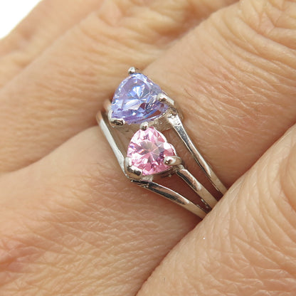 925 Sterling Silver Purple & Pink C Z Heart Ring Size 6.75