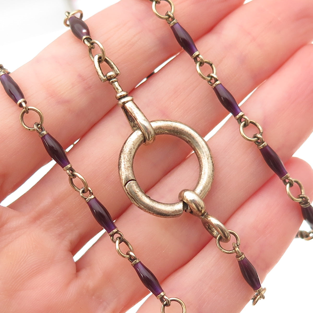 925 Sterling Silver Gold Plated Vintage Enamel Bar Chain Necklace 20"