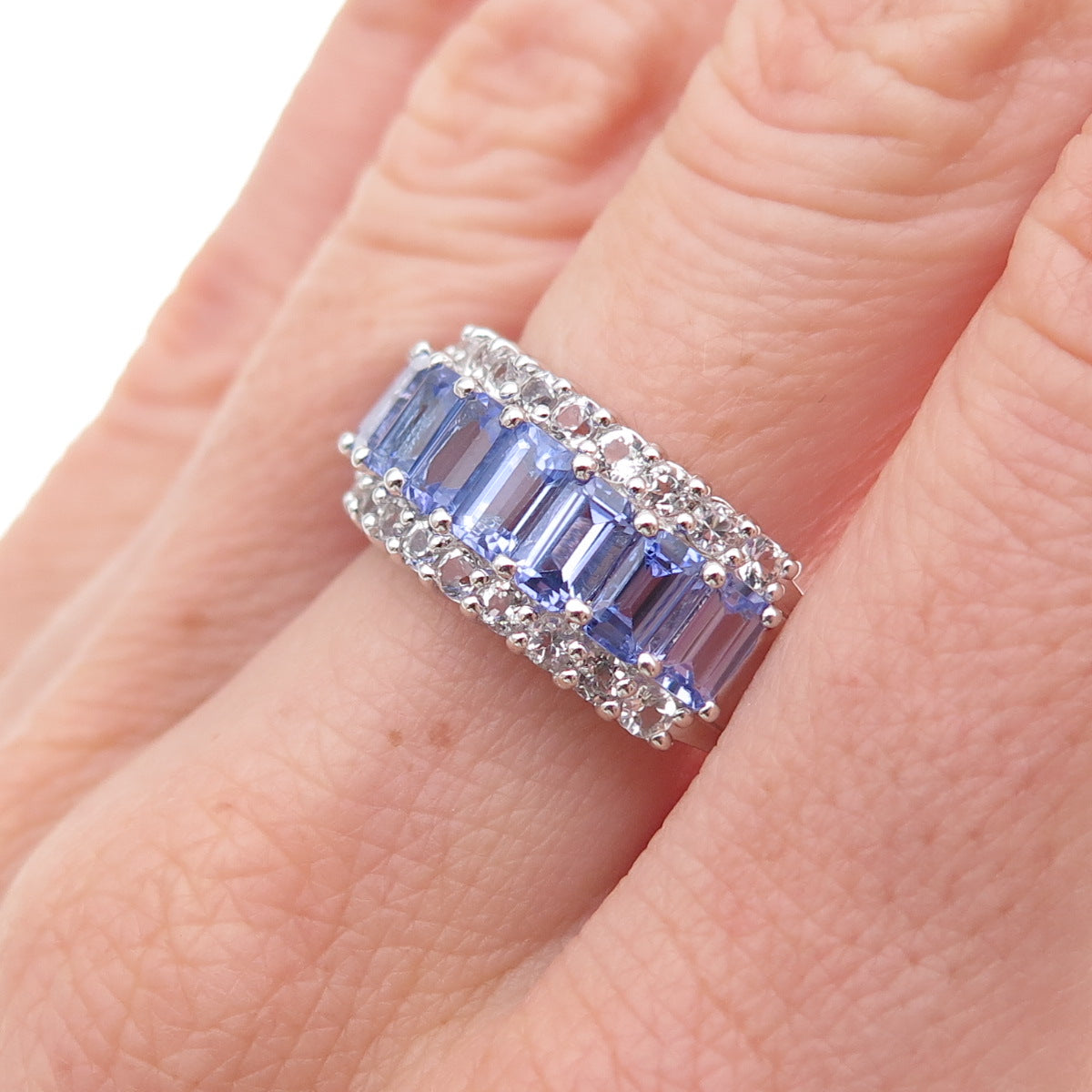 925 Sterling Silver Real Tanzanite & White Topaz Ring Size 8