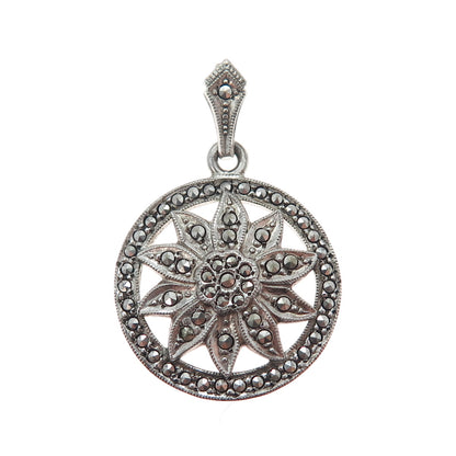 925 Sterling Silver Antique Art Deco Real Marcasite Flower Charm Pendant
