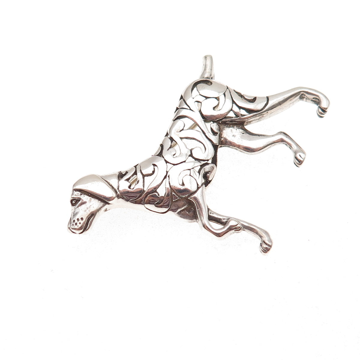 Jezlaine Sterling Silver Vintage Retriever Dog Floral Scroll Oxidized Pin Brooch