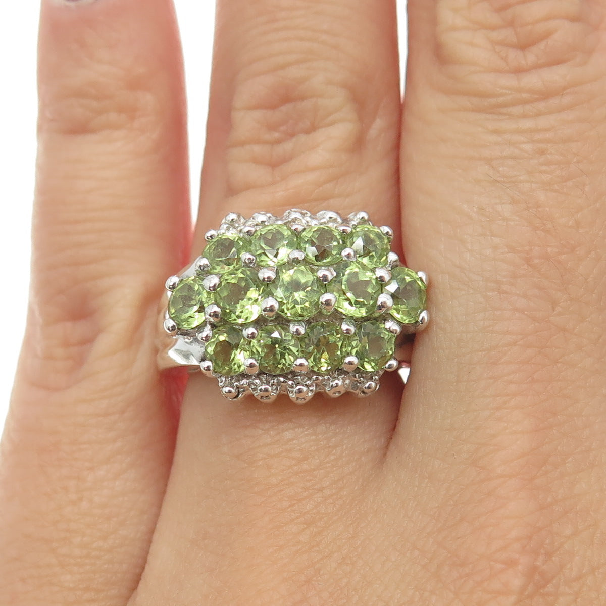 925 Sterling Silver Real Round-Cut Peridot Cluster Ring Size 5.75