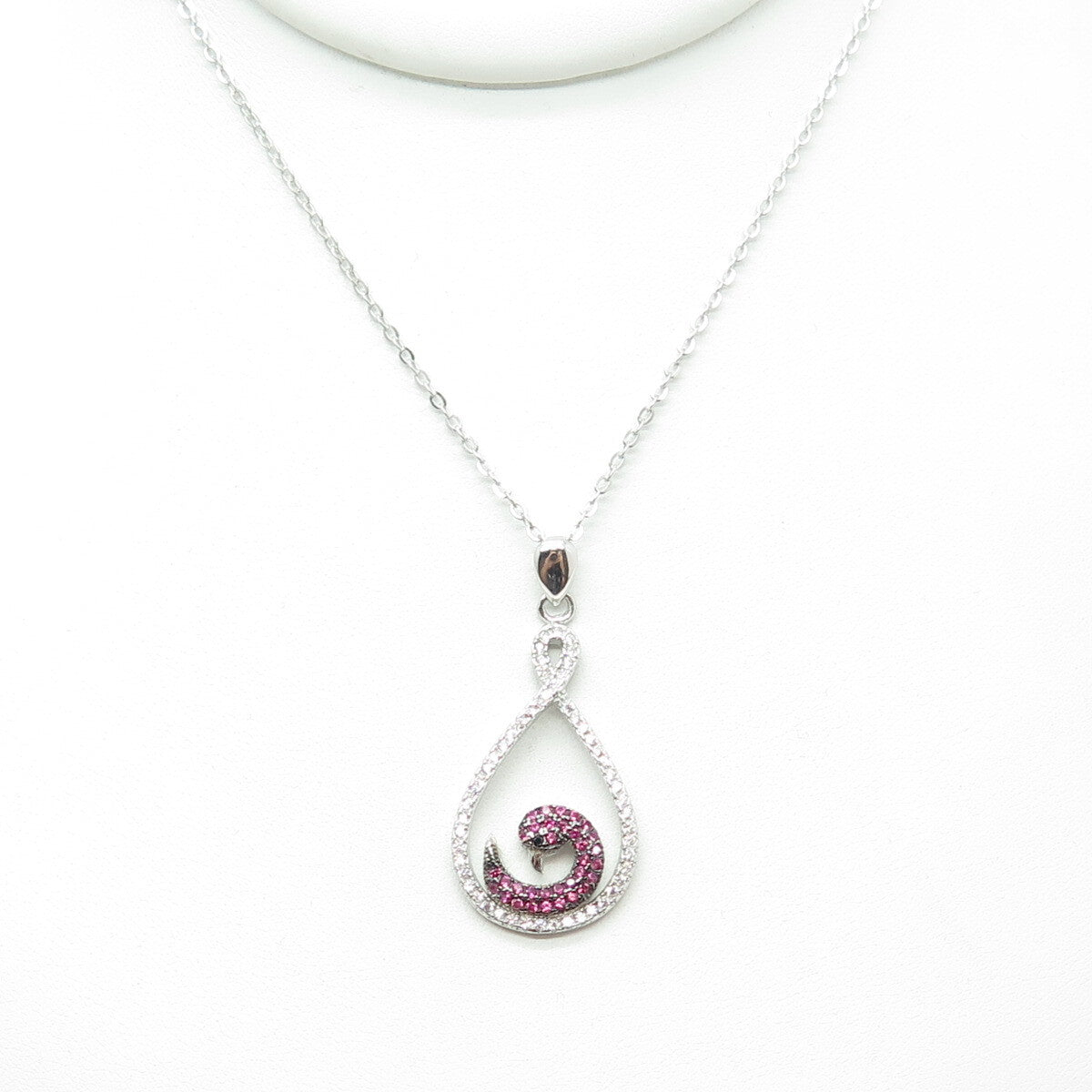 925 Sterling Silver Pink Sapphire Black Spinel C Z Swan Cable Chain Necklace 18"