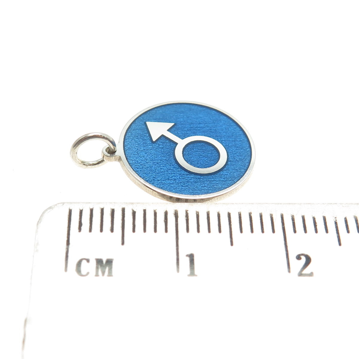 925 Sterling Silver Blue Enamel Male Symbol Round Tag Minimalist Charm Pendant